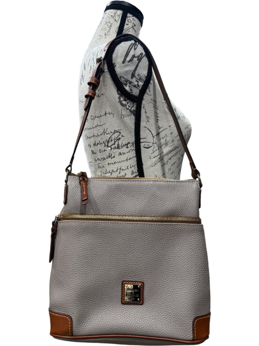 Dooney & Bourke Pebble Leather Crossbody Bag Taupe Gray Brown Trim Red Lining